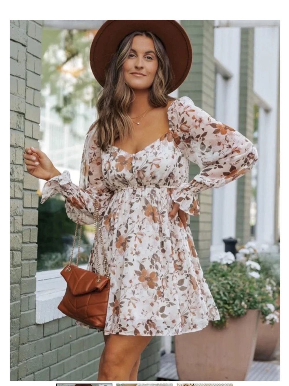 Floral Puff-Sleeve Mini Dress in Cream with Brown Floral Print